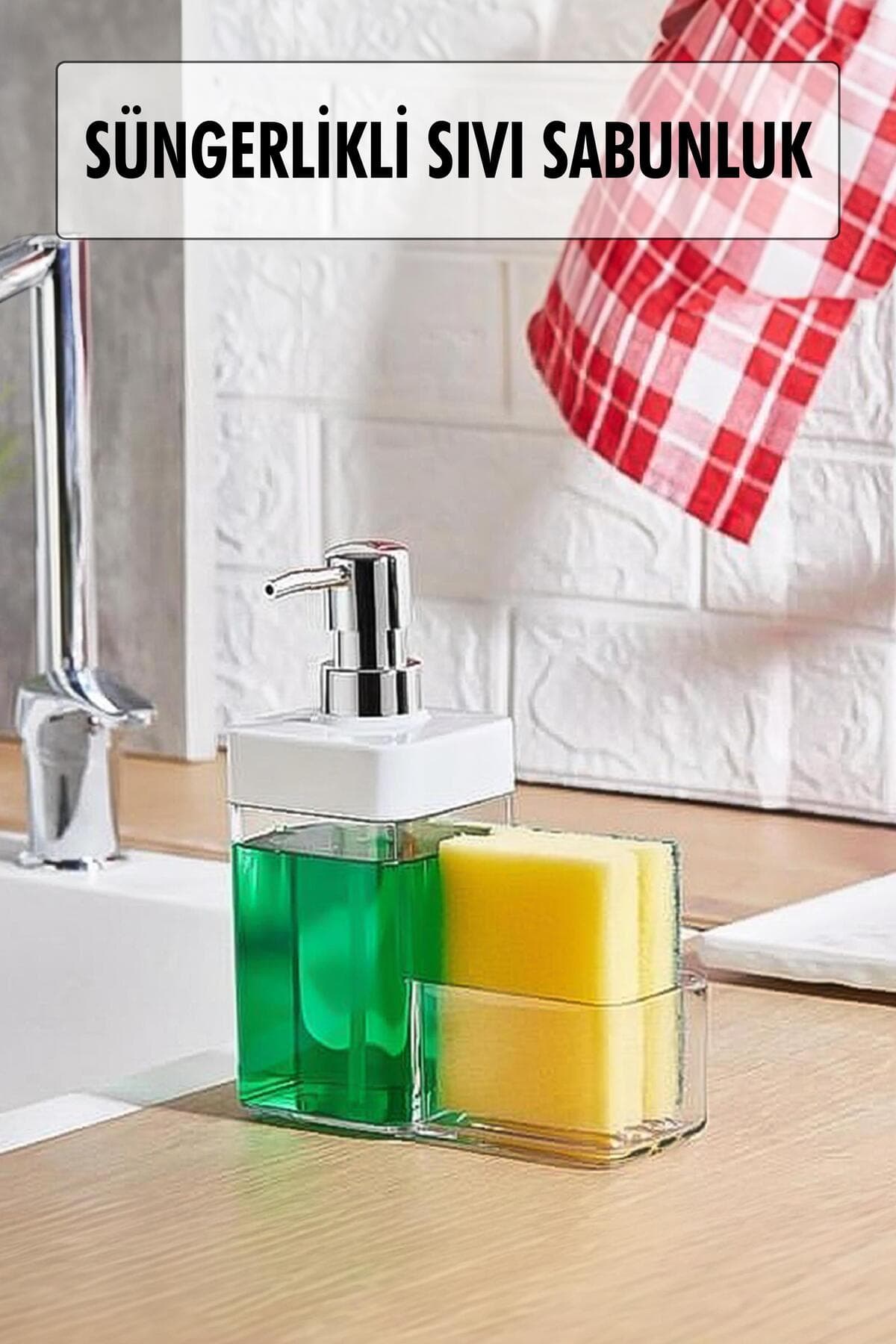 Beyaz Sünger Hazneli Sıvı Sabunluk 450 ml Mutfak Banyo Tezgah Üstü Düzenleyici