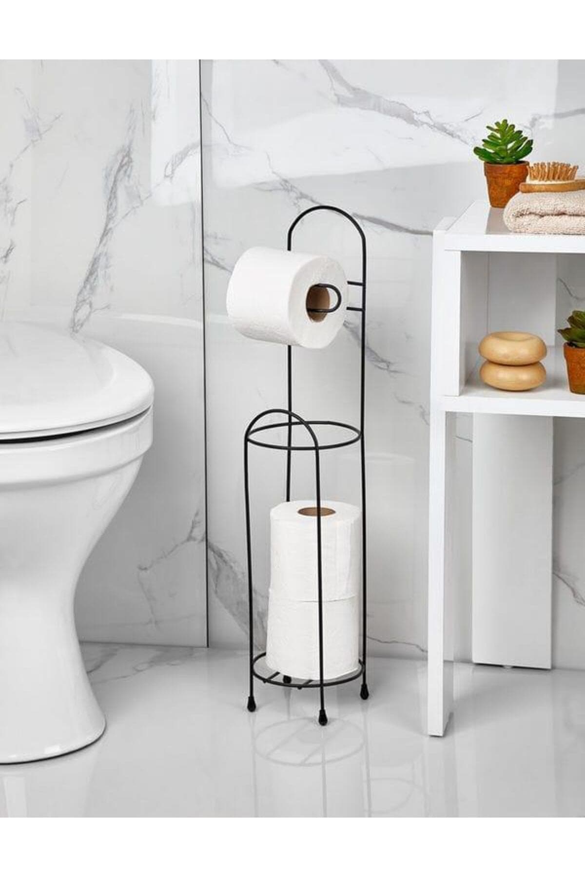 Delmesiz Montaj Siyah Ferforje Ayaklı Tuvalet Kağıtlığı ve Yedek Rulo Standı