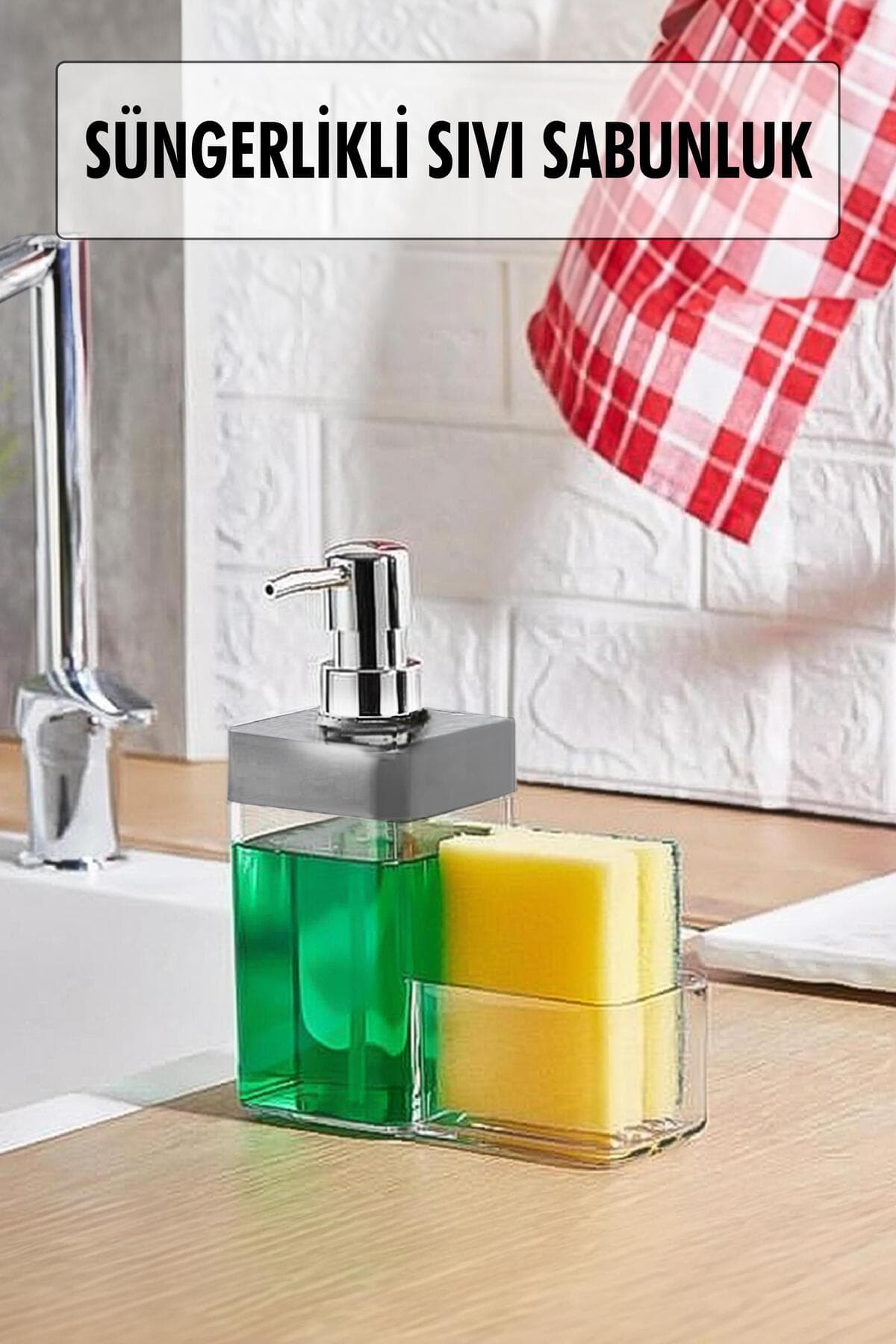 Gri Süngerlikli Sıvı Sabunluk Mutfak Banyo Tezgah Üstü Düzenleyici 450 ml