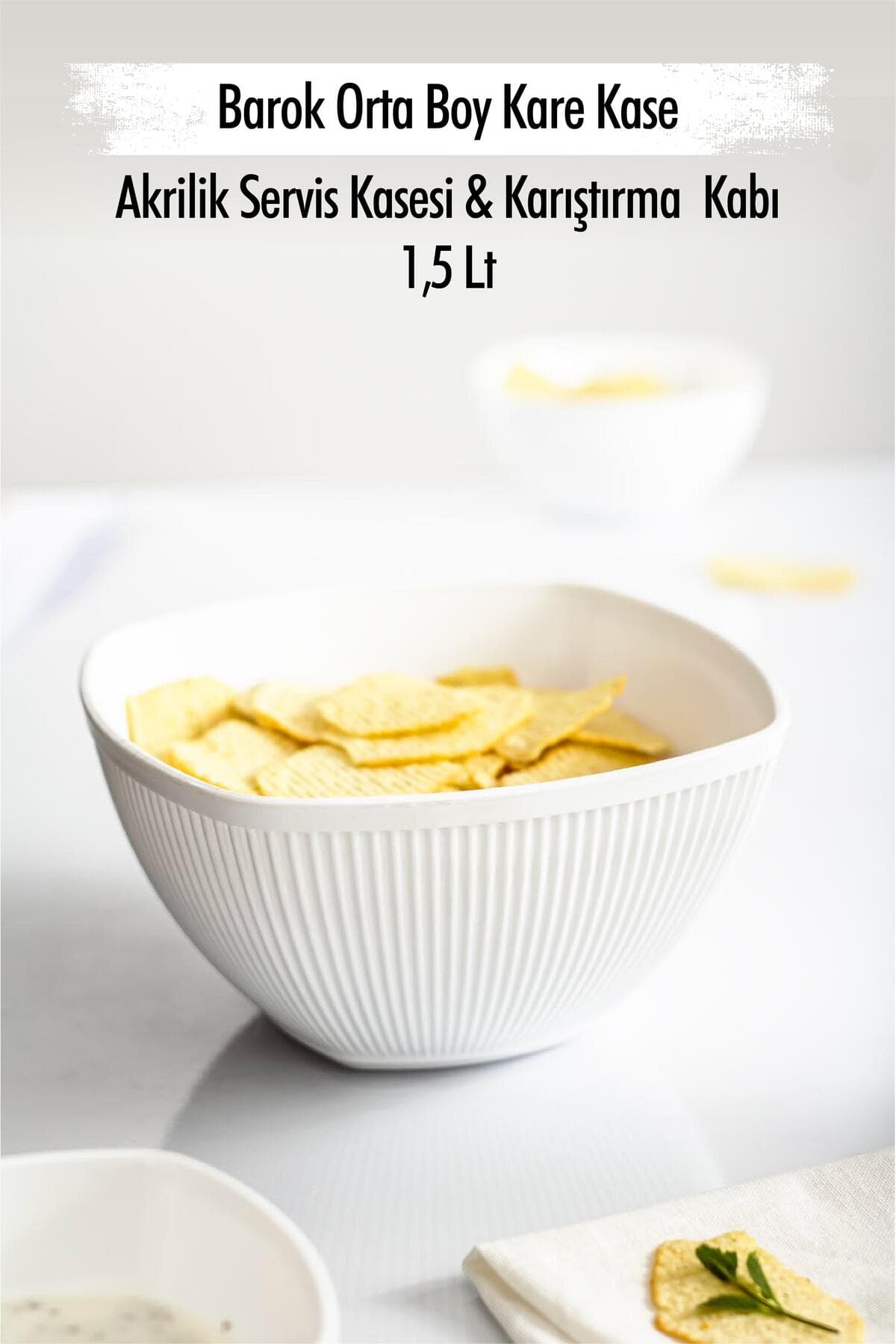 Barok Beyaz Kırılmaz Akrilik Kare Salata Kasesi & Karıştırma Kabı 1.5 Lt