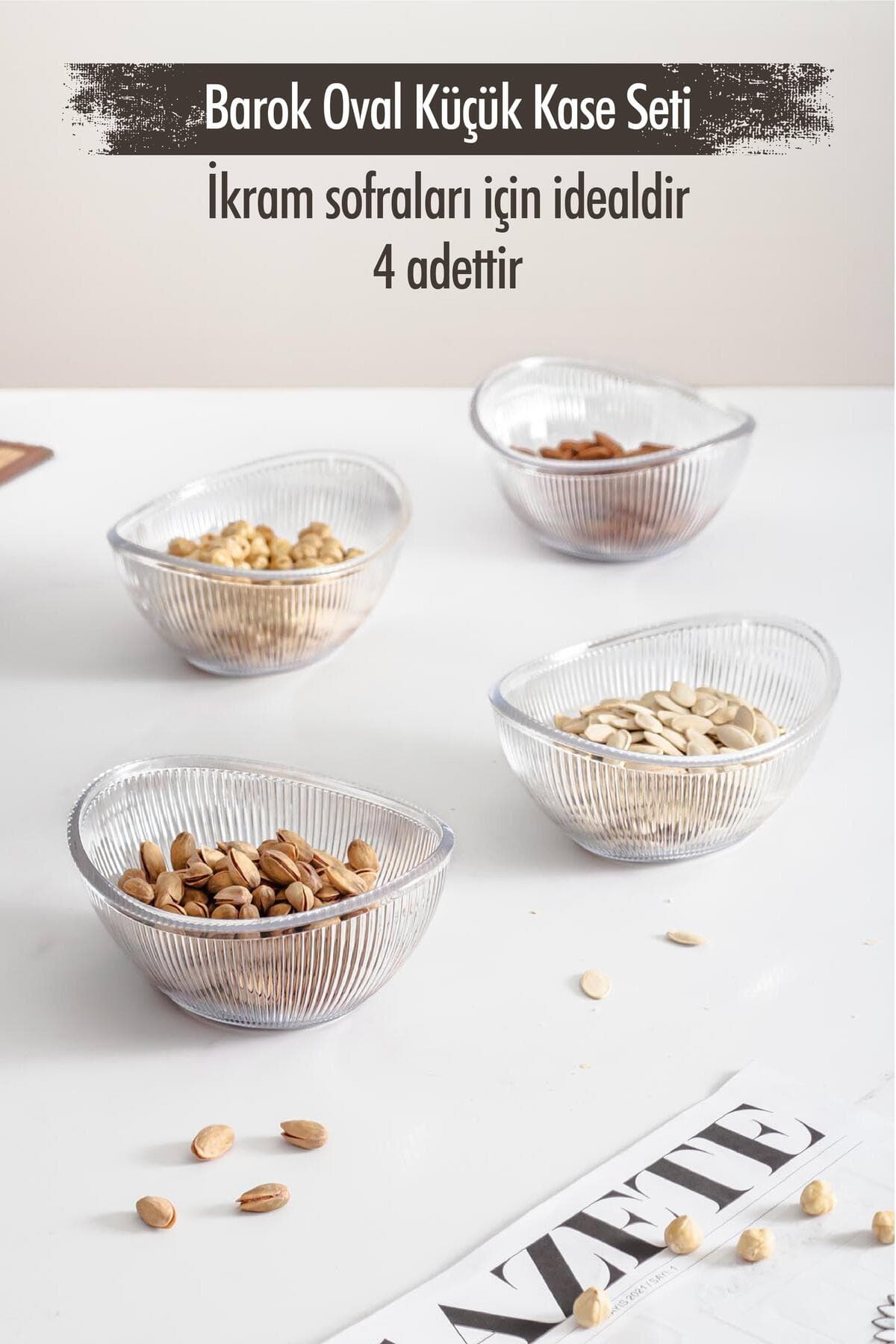 Kristal Görünümlü Kırılmaz Akrilik Barok Oval 4'lü Kase Seti Sunumluk Çerezlik