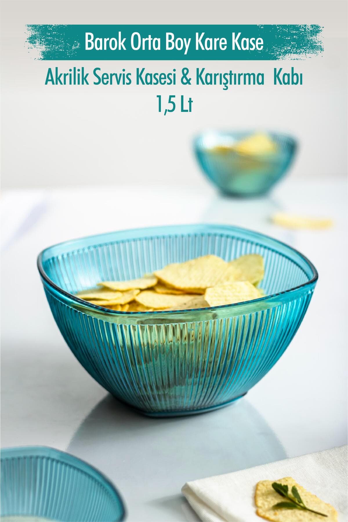 Barok Tasarım Aquamarin Kare Kase 1.5 Lt | Akrilik Salata & Meyve Servis Kabı