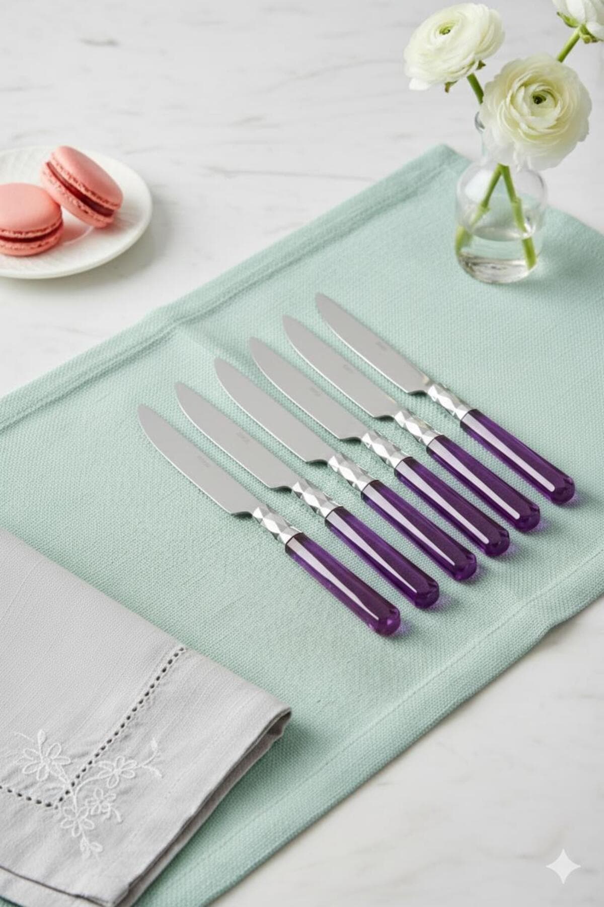 Mor Saplı Paslanmaz Çelik 6'lı Tatlı Pasta Meyve Bıçağı Seti Modern Tasarım