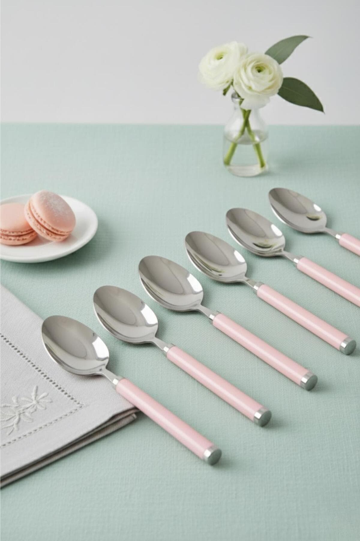 Somon Pembe Saplı Paslanmaz Çelik 6'lı Tatlı Dondurma ve Çay Kaşığı Seti 15cm