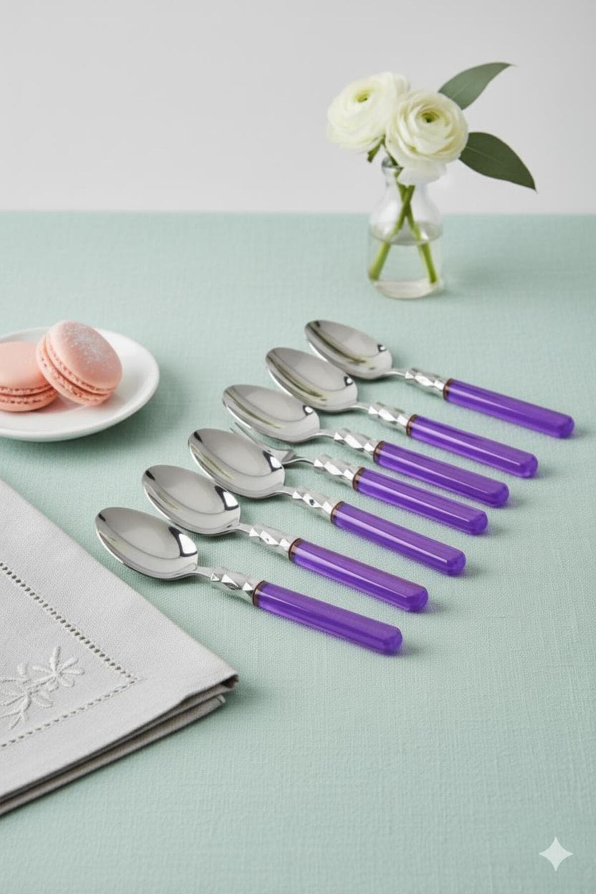 Mor Renkli 6'lı Paslanmaz Çelik Tatlı Ve Dondurma Kaşığı Seti Modern Sunum