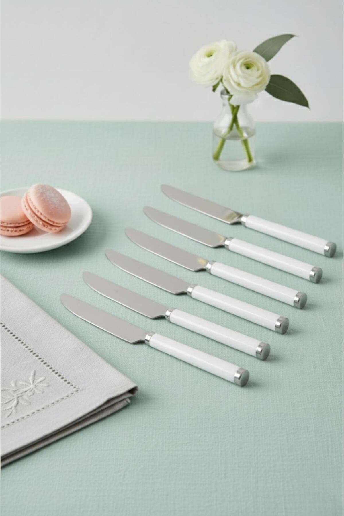 Beyaz Saplı Modern Tasarım Paslanmaz Çelik Yemek Bıçağı Seti 6'lı 15 cm