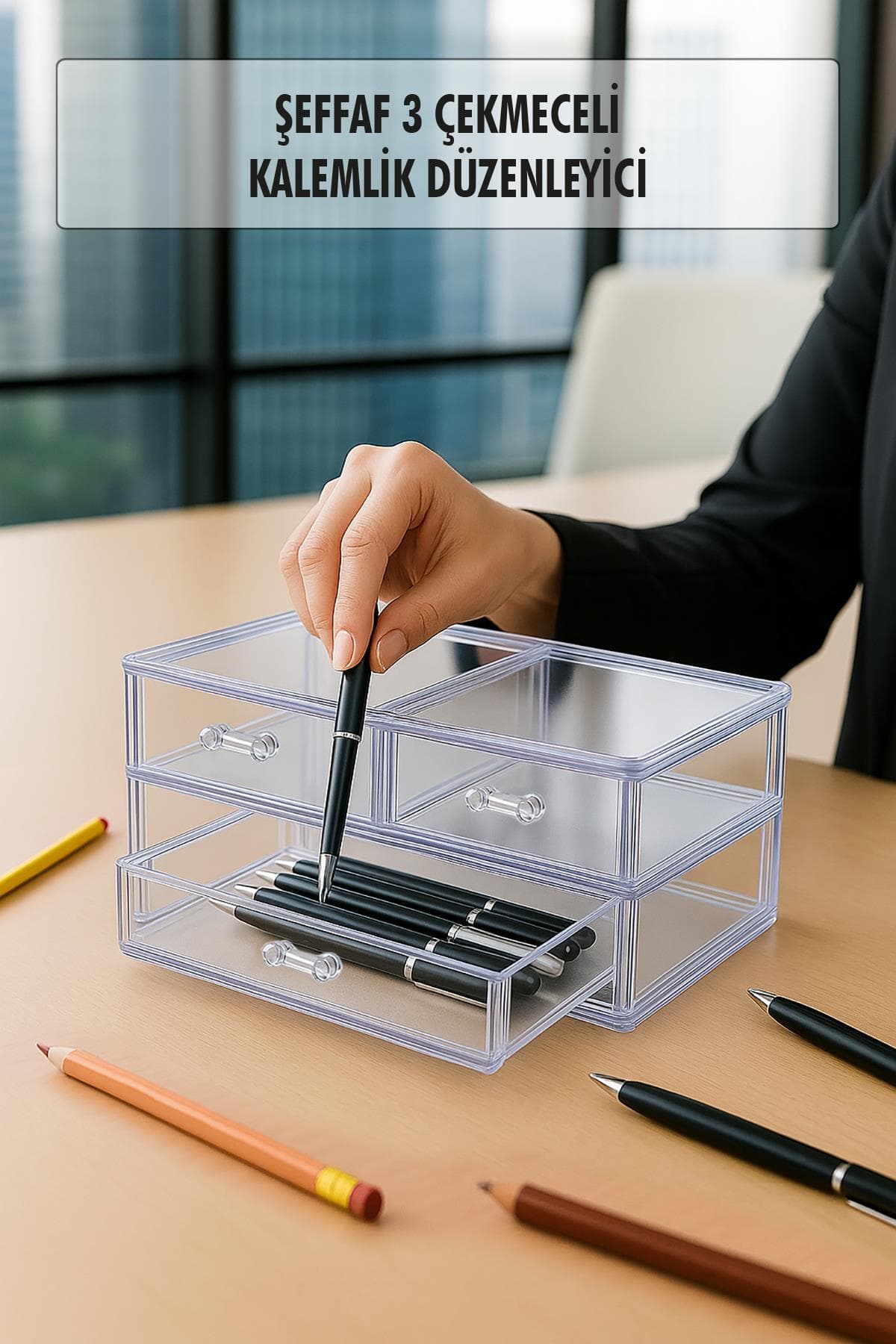Şeffaf Akrilik 3 Çekmeceli Masaüstü Organizer Makyaj ve Kalemlik Düzenleyici