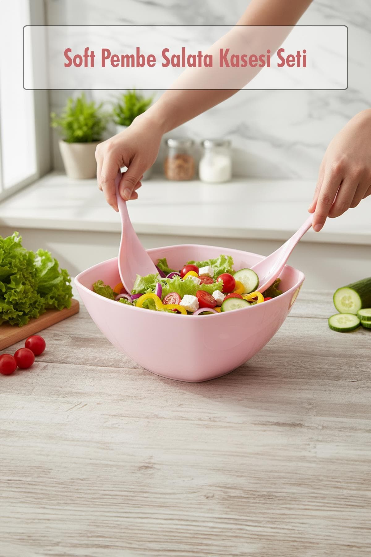 Soft Pembe Kaşıklı Akrilik Kare Salata Kasesi Seti 3,5 Litre Büyük Sunum Kabı
