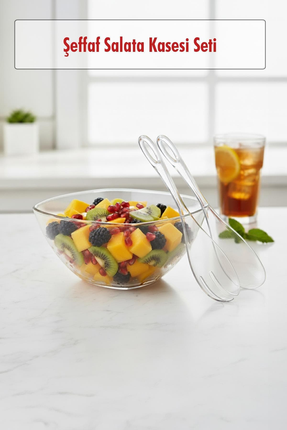 Şeffaf Salata Kasesi 3.5 Lt Büyük Boy Kırılmaz Akrilik Kaşıklı Servis Seti