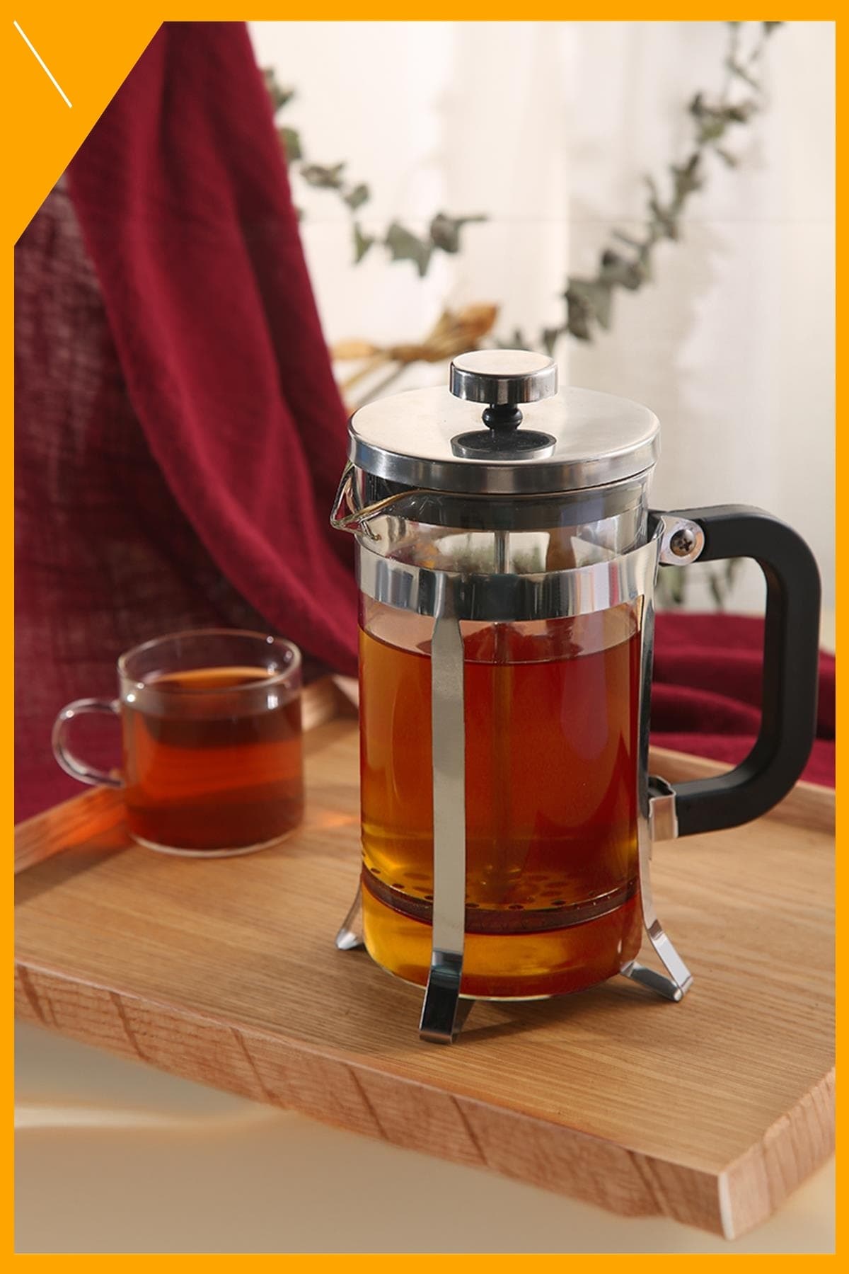 Plastik Saplı French Press 800 ml Borosilikat Cam Kahve ve Bitki Çayı Demliği
