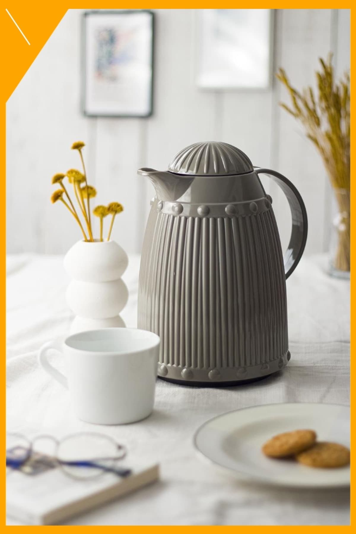 İçi Cam Sürahi Termos 1 Litre, 12 Saat Sıcak & 24 Saat Soğuk Koruma, Gri