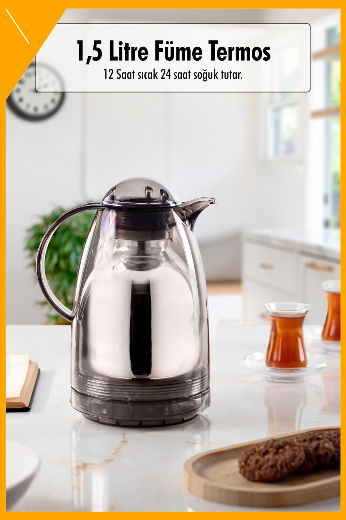 Füme Cam Termos 1.5 LT, 12 Saat Sıcak & 24 Saat Soğuk Tutan Isı Yalıtımlı