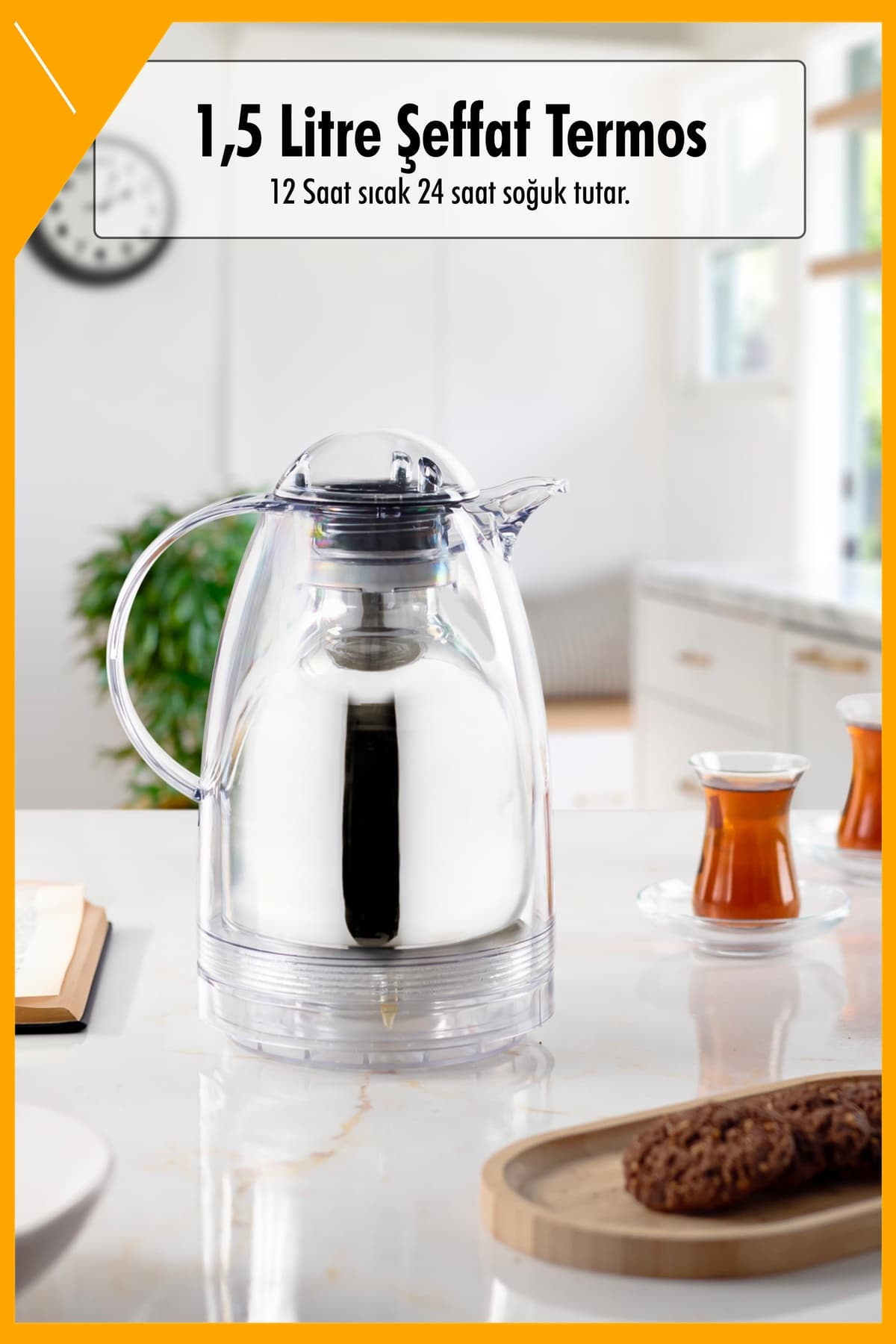 Şeffaf Sürahi Termos 1.5 Lt İçi Cam, 12 Saat Sıcak Tutan Çay Kahve Termosu