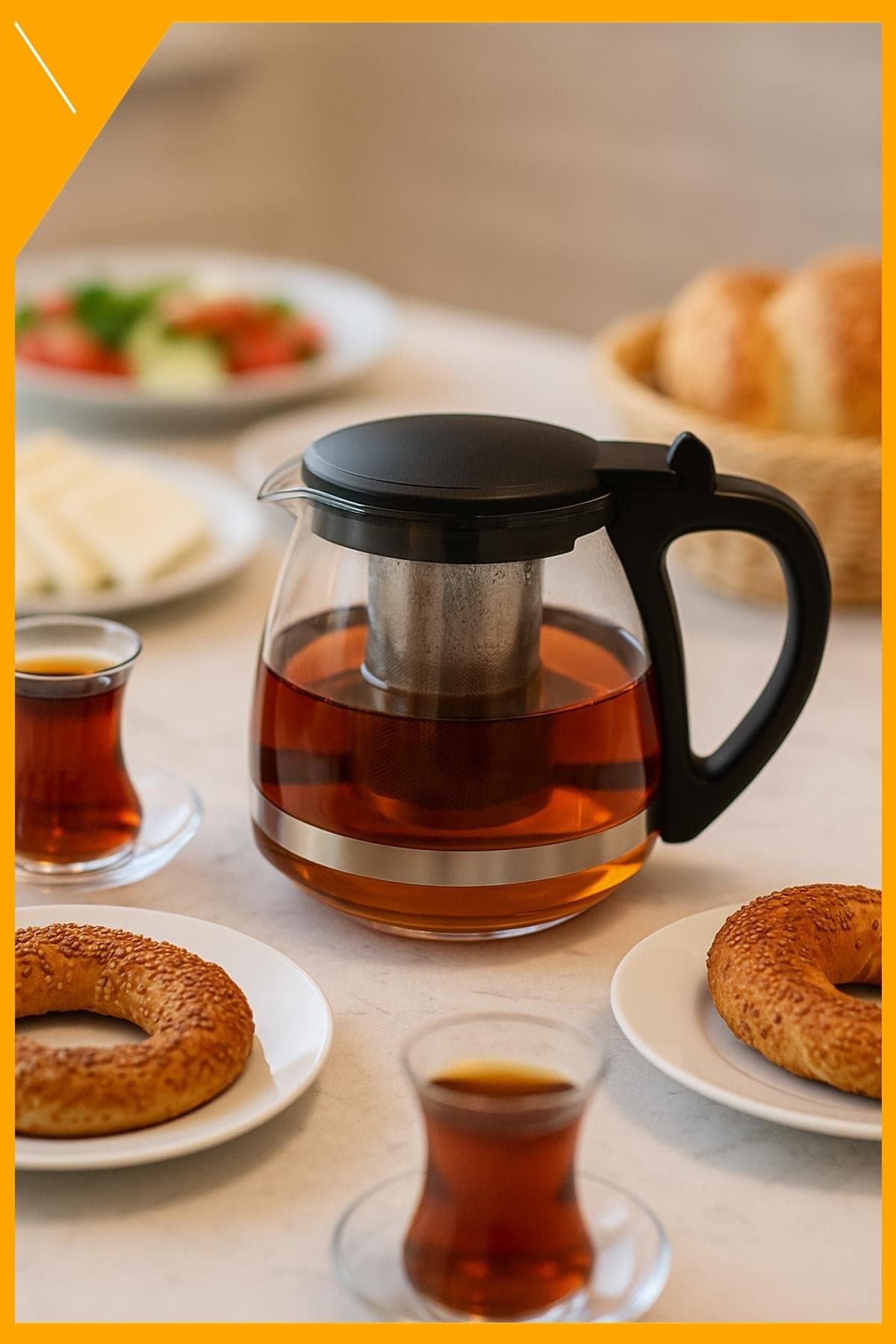 Isıya Dayanıklı Cam Demlik 700 ml Siyah Kapaklı Bitki ve Siyah Çay Demliği