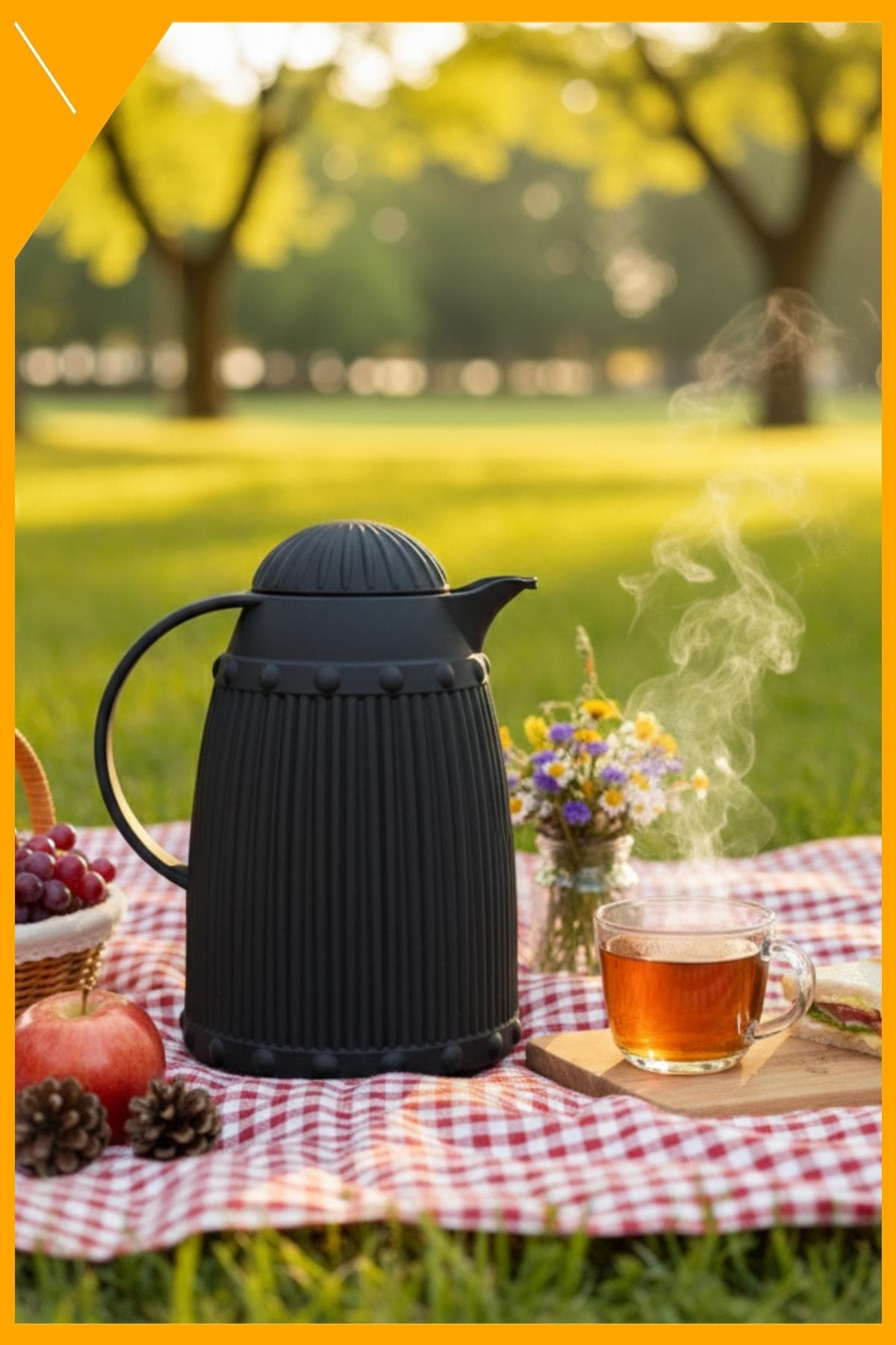 Siyah İçi Cam Termos 1 LT, 12 Saat Sıcak Tutan Şık Çay ve Kahve Sürahisi A-3115