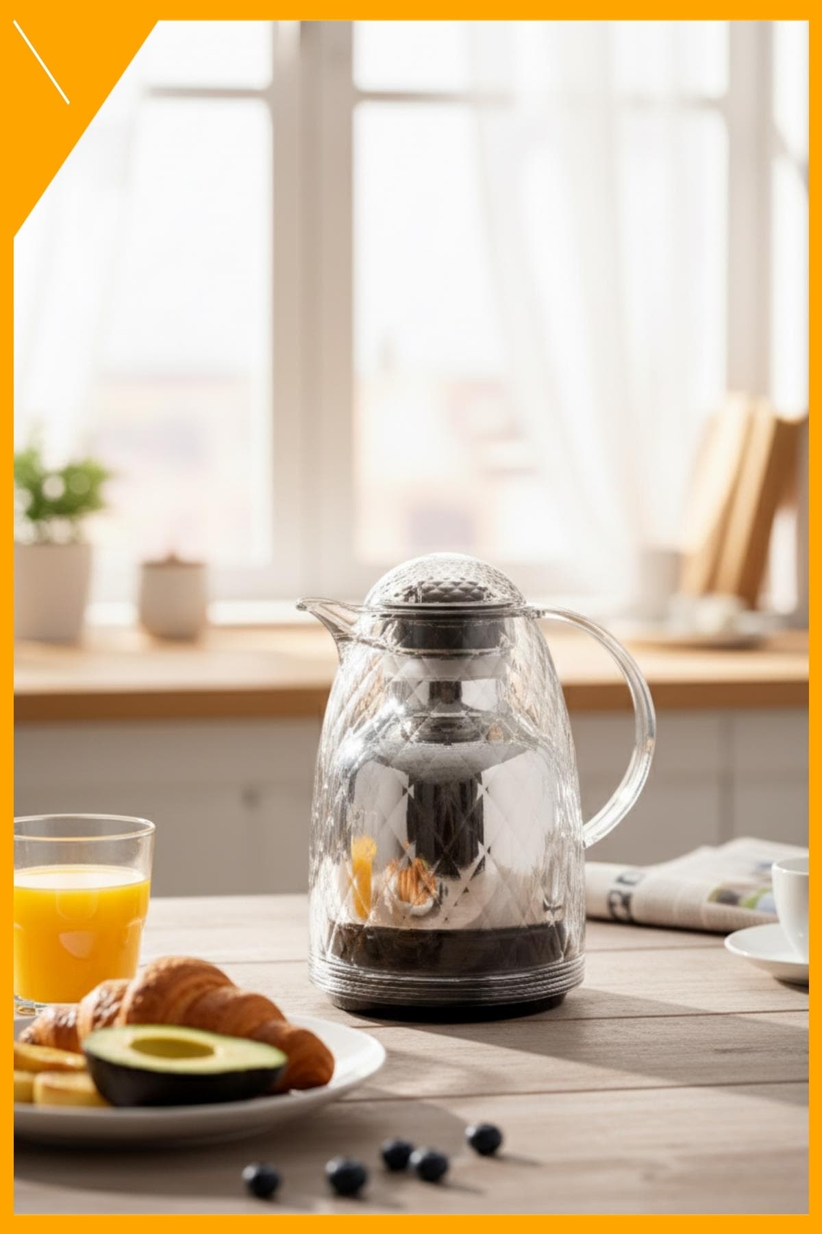 Şeffaf Akrilik Sürahi Çay Termosu 1 Lt, 12 Saat Sıcak 24 Saat Soğuk Koruma