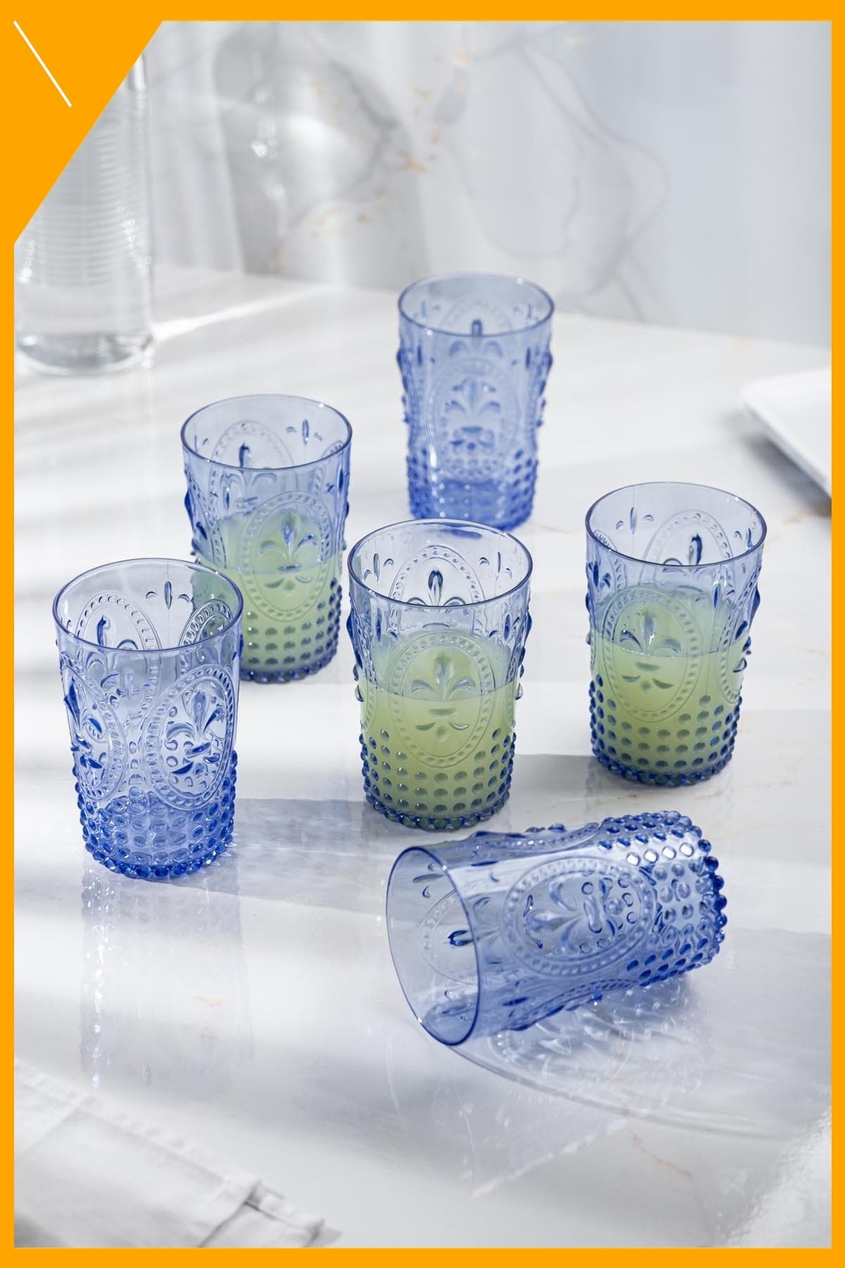Kırılmaz Mavi Akrilik 6'lı Bardak Seti 400 ml Su Meşrubat Kahve Yanı Bardağı